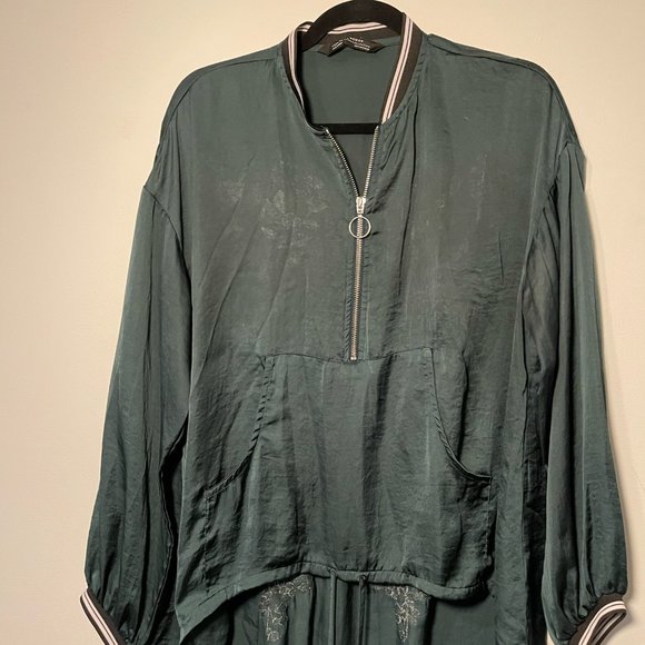 Zara Emerald Green Silk Embroidered Blouse Shirt 3/4 Zip, Small - Picture 2 of 16